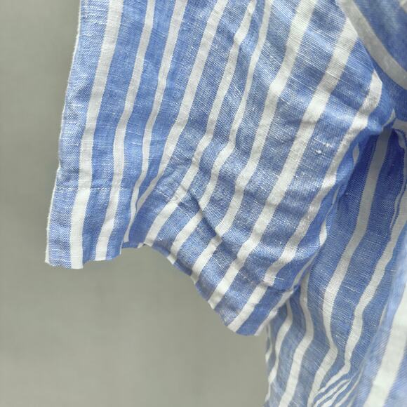 H&M blue striped linen 3/4 sleeve button up cropped top size Small boxy oversize - Picture 8 of 16